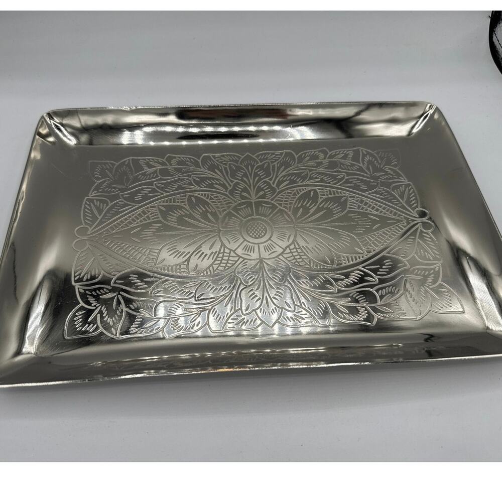 Ashland 11x7 Silver Etched Metal Decorative Tray Floral New